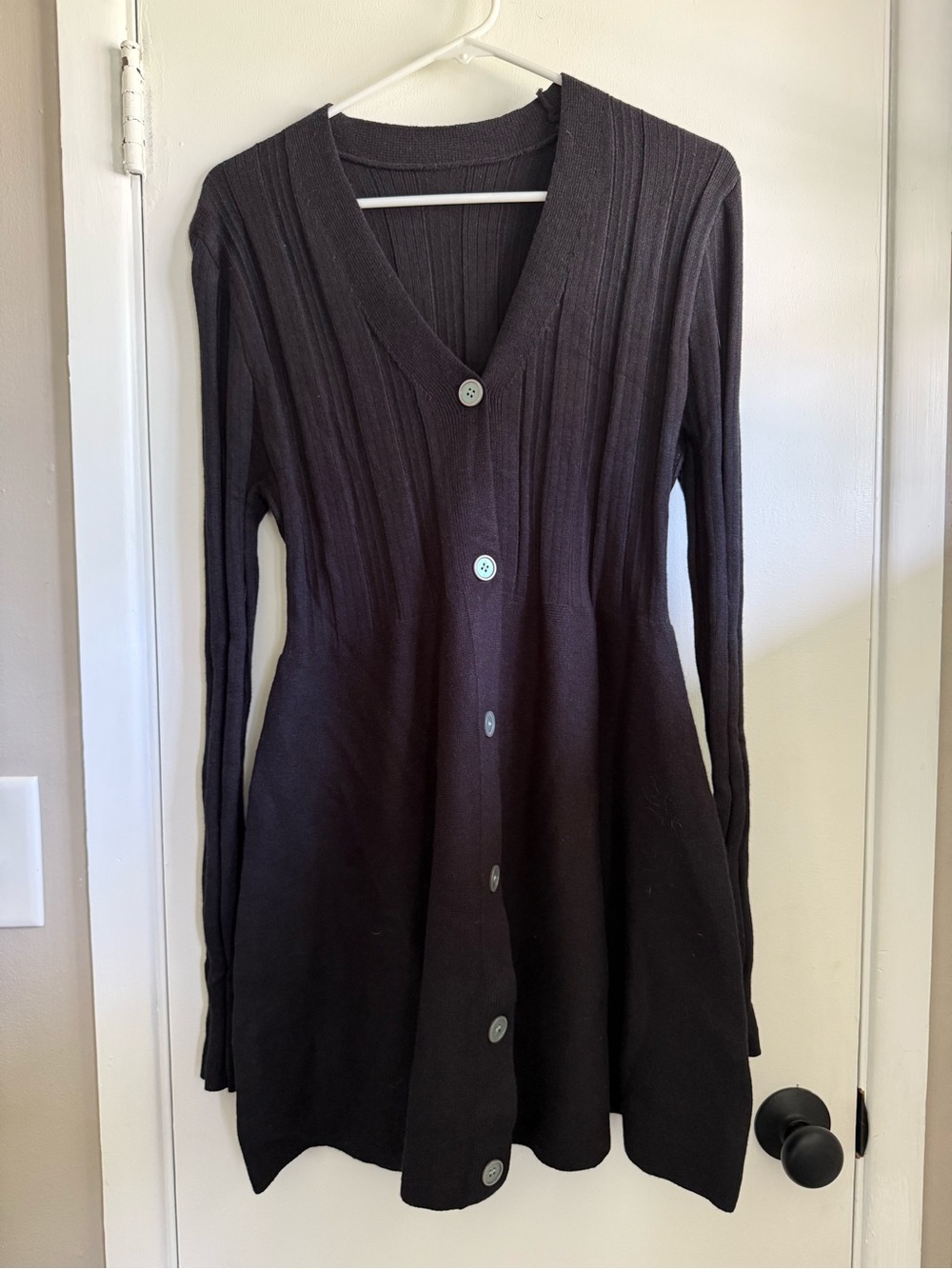 Women's Long Button-Front Ribbed Cardigan Sweater Dress Black, Size XL